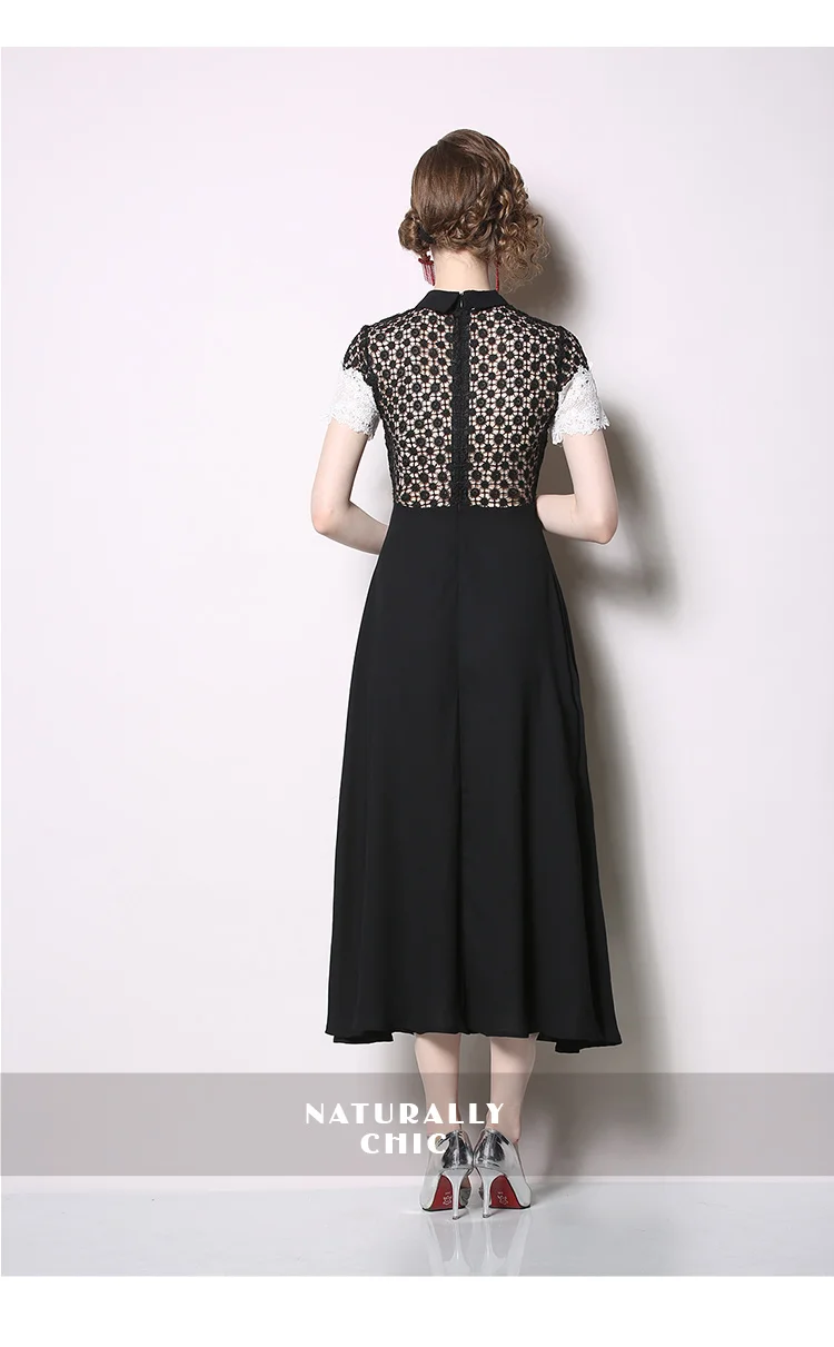 

Women Summer Elegant Patchwork Dress High Quality Short Sleeve Turn Down Collar Black Dress Ladies Office Party Long Lace Dress