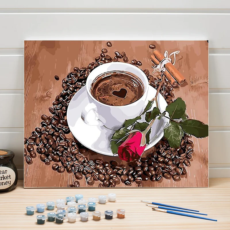 Кофейная Раскраска по номерам 40x50 см, розовая краска, Акриловая Краска на холсте, натюрморт, краски по номерам, настенные картины для украшения спальни, наборы