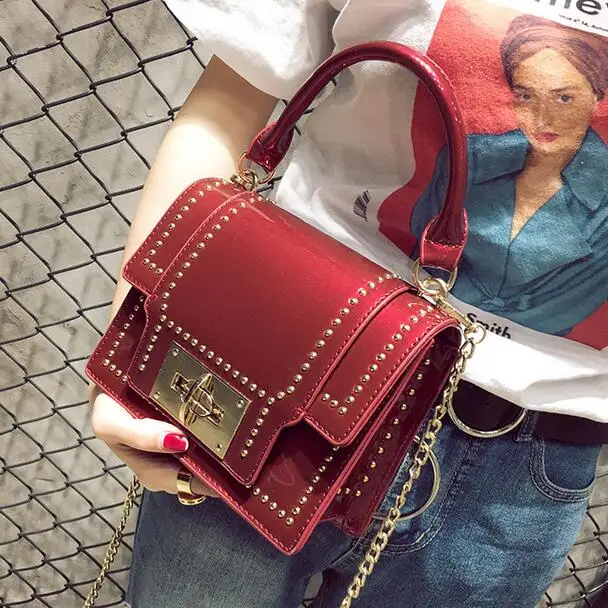 

Patent Leather Handbags Women's Designer Handbag 2018 New High-quality PU Leather Women bag Chain Rivet Shiny Lock Shoulder bags