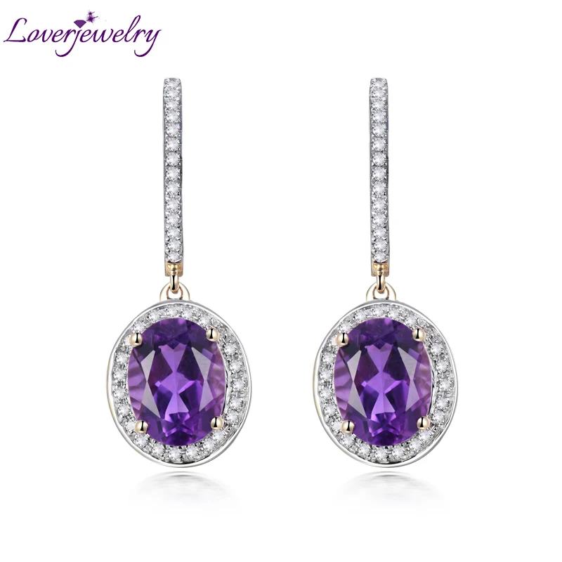 

LOVERJEWELRY Lady Earring Natural Oval 7x9mm 3.75Ct Purple Amethyst Solid 14K Yellow Gold with Diamonds Hoop Earrings For Women
