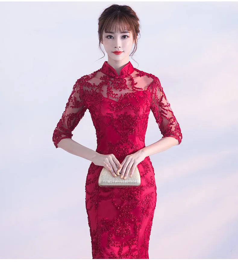 Кружева Cheongsam сексуальное длинное Qipao красное свадебное платье русалки Женские китайские традиционные платья Женская Роба в восточном стиле с кружевным воротником
