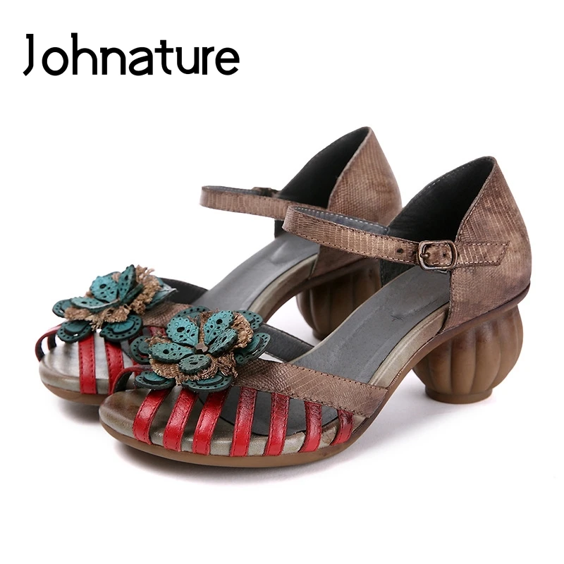 

Johnature Genuine Leather Retro Buckle Strap Casual Summer Sandals Floral Totem Strange Style Peep Toe Handmade Women Shoes