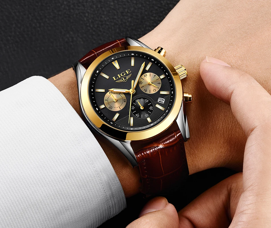 Relojes Hombre LIGE мужские часы Лидирующий бренд Роскошные коричневые кожаные деловые кварцевые часы мужские военные спортивные водонепроницаемые часы