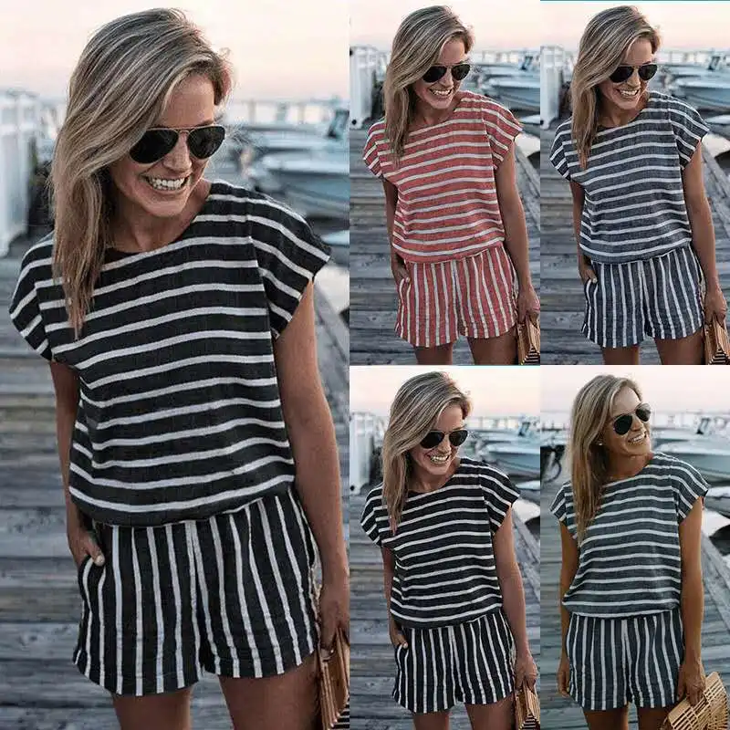 2019 новые летние винтажные комбинезоны с принтом полосатые повседневные женские