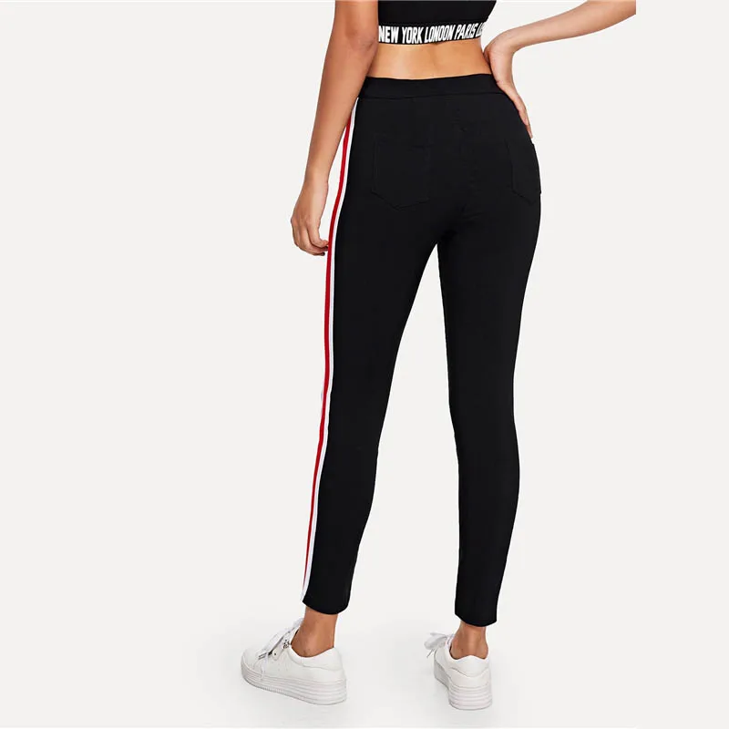 SweatyRocks, полосатые джинсы с лентой сбоку, уличная одежда, черные эластичные джинсовые штаны с высокой талией, весенние прямые женские обтягивающие джинсы