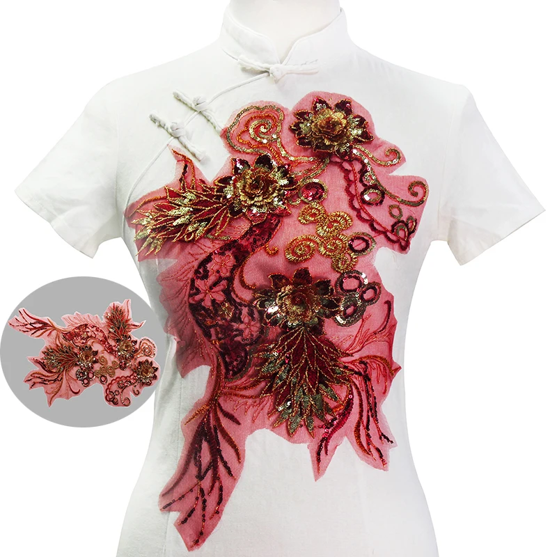 1 шт 3D вышивка бисером блесток цветок кружева аппликация красное золото Pacthes