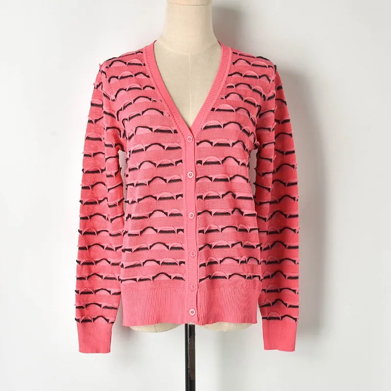 2019 New Spring Cardigan Women Colors Wave Pattern Fold Knit Ladies Single Breasted Sweater Female Coat |