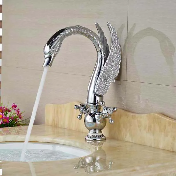 Новый хром латунь ванной кран двойной крест ручки лебедь на бортике раковина