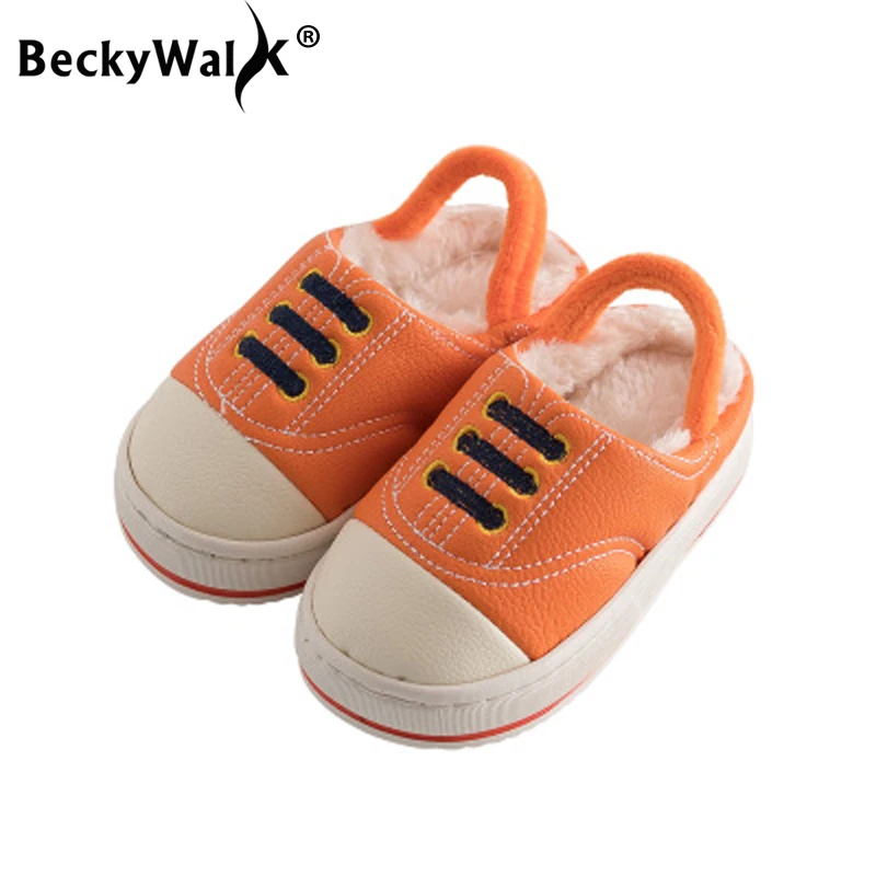 BeckyWalk/Детская домашняя обувь из искусственной кожи зимние детские тапочки для