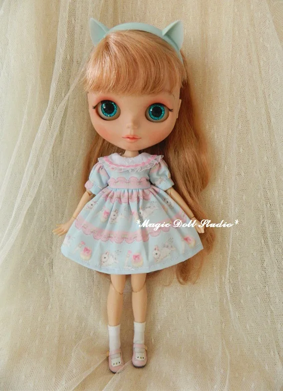 [MG552] Blythe платье куклы# Хлопковое платье с принтом кролика подходит для Blythe Azone кукла licca наряды для розничной продажи - Цвет: Синий