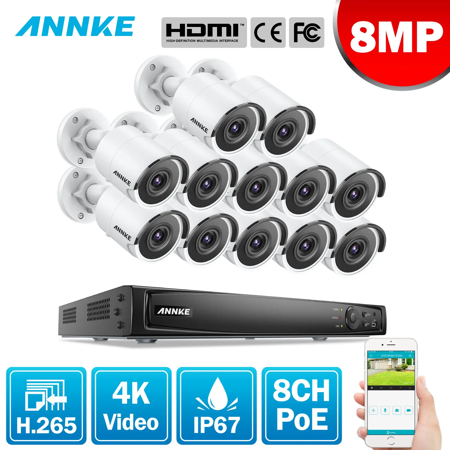 ANNKE 16CH сверхвысокой четкости 4K Ultra HD POE сетевой видеорегистратор безопасности Системы 8MP H.265 NVR, украшенное мозаикой из драгоценных камней, 12X8 Мп возможностью погружения на глубину до 30 м EXIR Ночное видение всепогодный IP Камера
