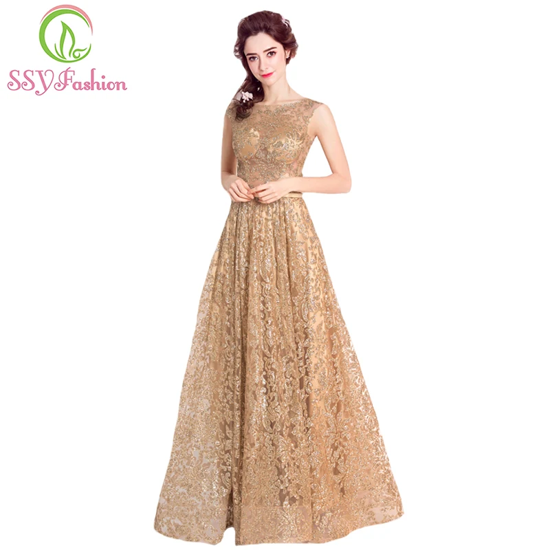 SSYFashion Новое роскошное золотистое вечернее платье блестящее без рукавов с