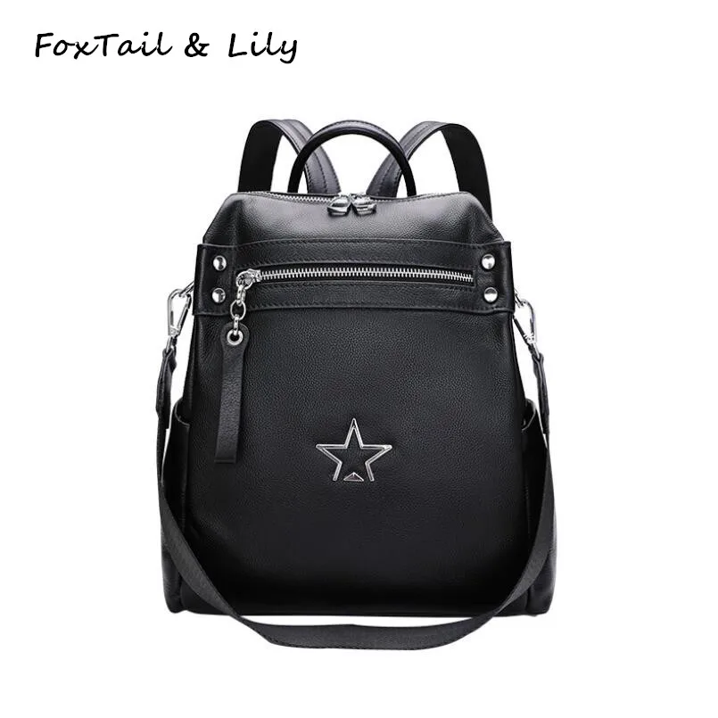 

FoxTail & Lily Popular Metal Pentagram Design 100% Genuine Leather Women Backpack School Bags Multi-function Travel Backpacks