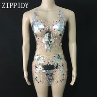 colorful pearls rhinestones mesh outfit see through dance wear mirrors outfit nightclub singer silver sequins top skirt