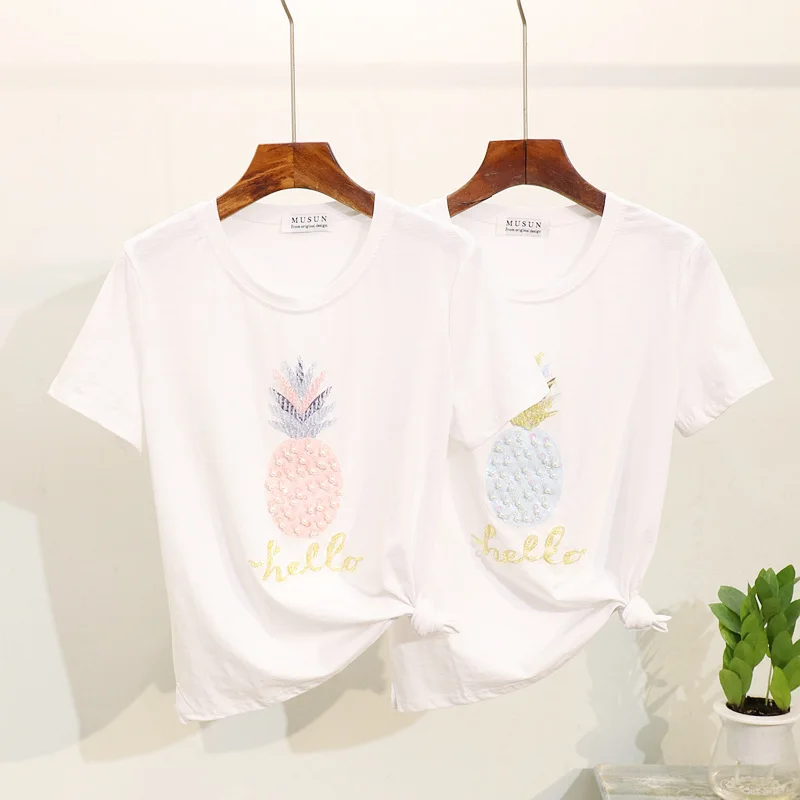 Women Summer Tees Jeans 2PCS Sets Beading Sequined Pineapple O-Neck Short Sleeve T-shirts+Lace-up Elastic Waist Denim Pants | Женская