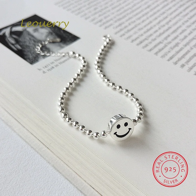 Leouerry 925 Sterling Silver Cartoon Smile Face Round Beads Chain Bracelet Charm Wrist Brcelet for Women Fine Jewelry | Украшения и