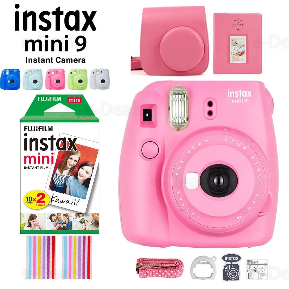 Fujifilm Instax Mini 9 мгновенных Фильм Камера с селфи зеркало/крупным планом объектив+ 20 листов Fuji белый пленка Фотобумага+ альбом+ PU Чехол - Цвет: Flamingo Pink Set
