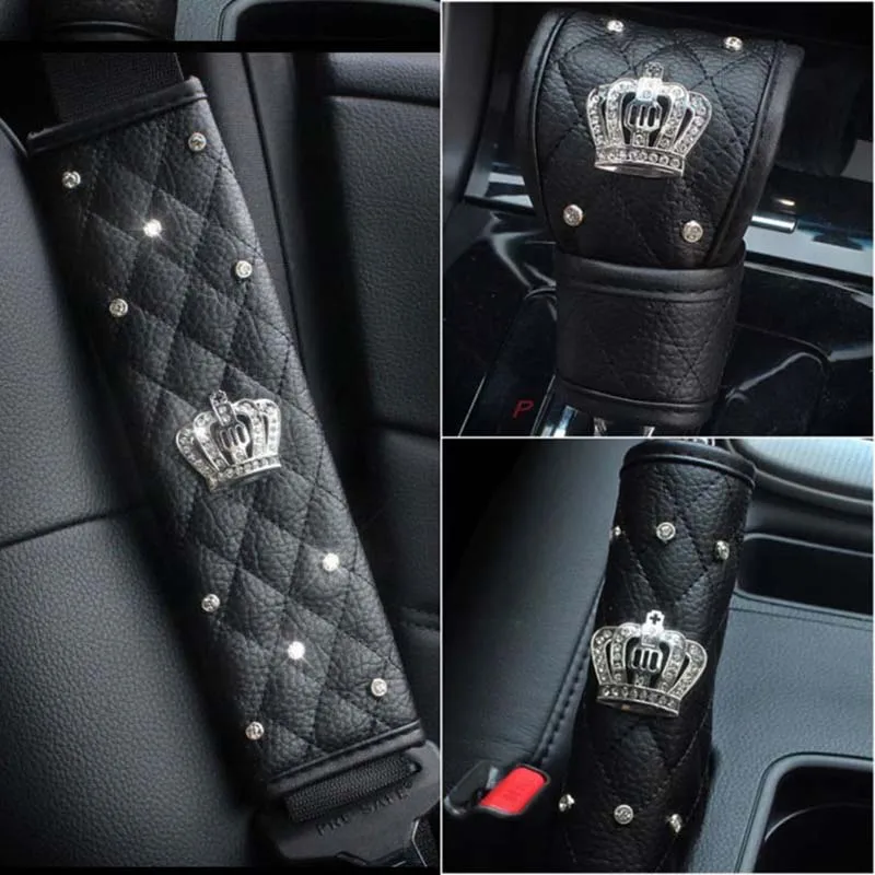 Fashion Crystal Crown Leather Car Gear Cover Auto Hand Brake Cover Shifter Gear Knob Cover Styling Car Interior Accessories
