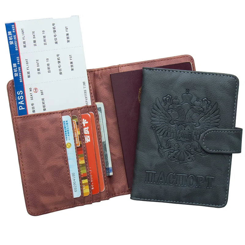 

Russian soft black double-headed eagle Color mixing buckle passport holder Built in RFID Blocking Protect personal information