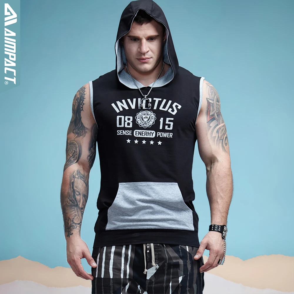 

Aimpact Бодибилдинг худи без рукавов контрастный карман установлены хлопка мужские Безрукавки для женщин модные Terry Muscle мужской футболки 2AM1011