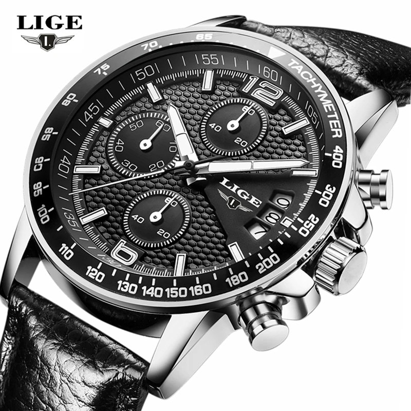 Часы LIGE мужские армейские кварцевые водонепроницаемые повседневные с кожаным