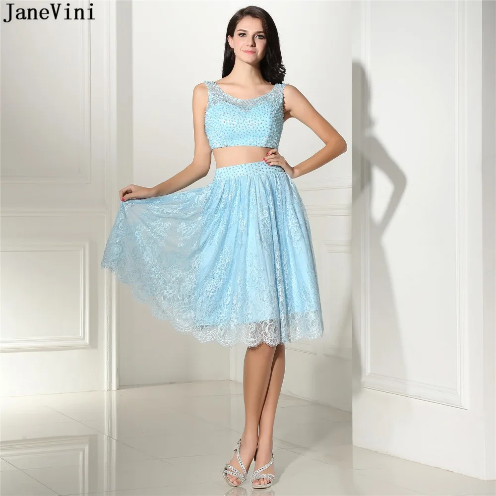 

JaneVini Elegant Lace Short Bridesmaid Dresses Scoop Neck Beading Backless A Line Two Pieces Prom Dress Women Formal Party Gowns