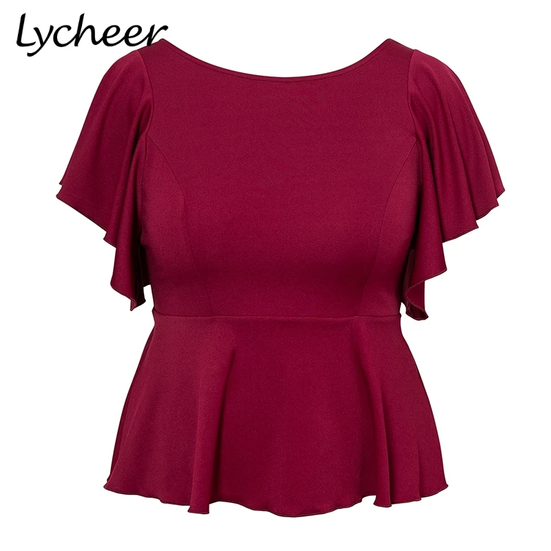Wine Red Lycheer размера плюс, женские топы, блузки, рубашка, элегантный гофрированный топ, рубашка, женский короткий рукав, одноцветная, высокая талия, баска, блузка - Цвет: Wine Red