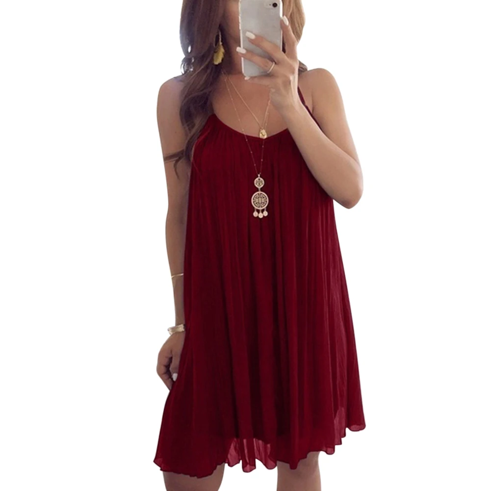 

Newly Women Dress Solid Color Wrinkle Sling Dress Casual for Summer m99