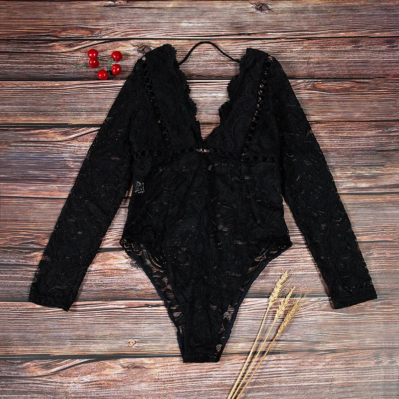 Женское кружевное боди с глубоким v-образным вырезом прозрачный сексуальный