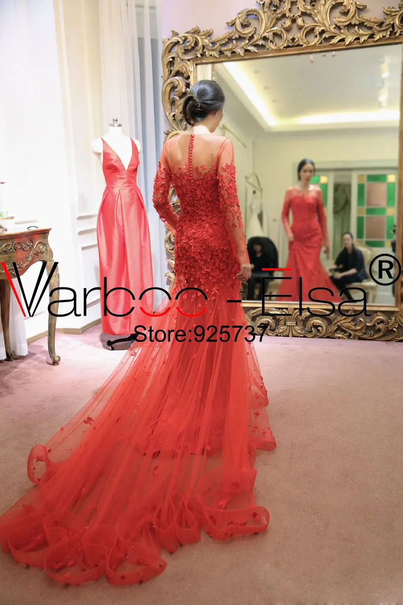 VARBOO_ELSA 2018 китайское свадебное платье красное кружевное Русалочки с 3D аппликацией