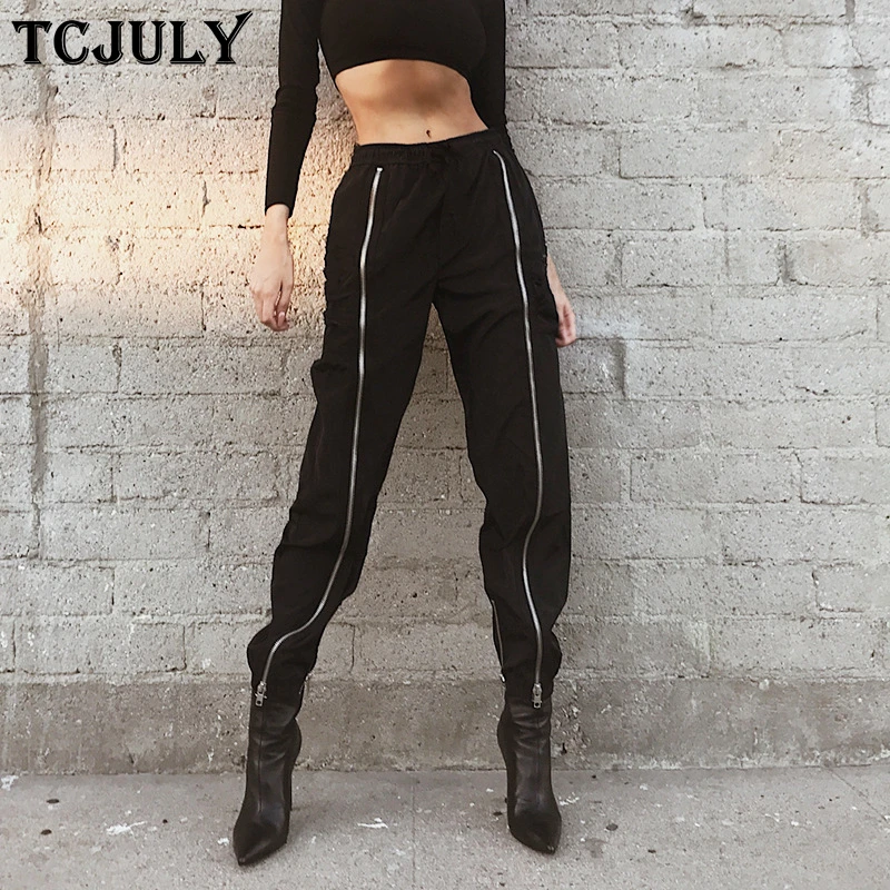 TCJULY Harajuku облегающие брюки с высокой талией на молнии в стиле пэчворк Свободные