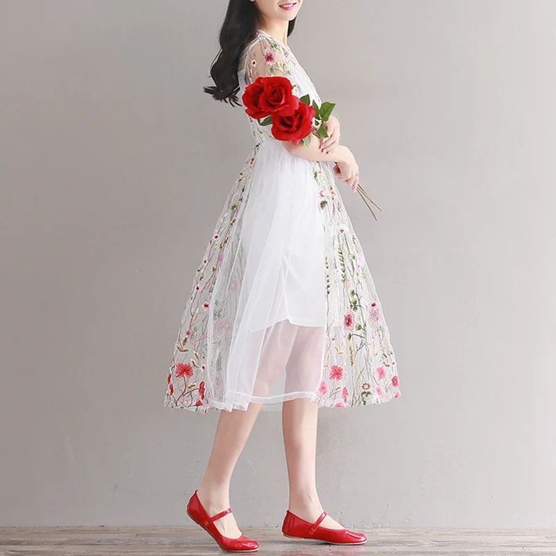 Летнее пляжное платье Новинка белое кружевное с круглым вырезом цветочный