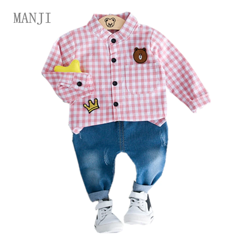 MANJI Baby boys clothing sets 0-3y Autumn 2018 New Fashion Cotton Turn-down Collar Plaid 18053 Kids clothes Boys Clothing Suit |