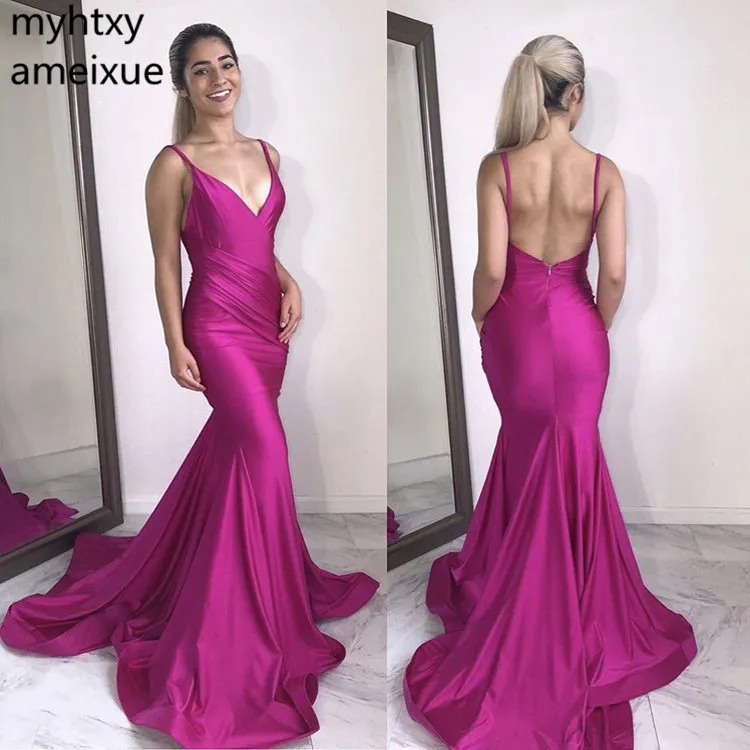 

china Hot Fuchsia V-Neck Spaghetti Straps Backless Mermaid Evening Dresses Open Back Silk Satin Sweep Train Evening Dresses