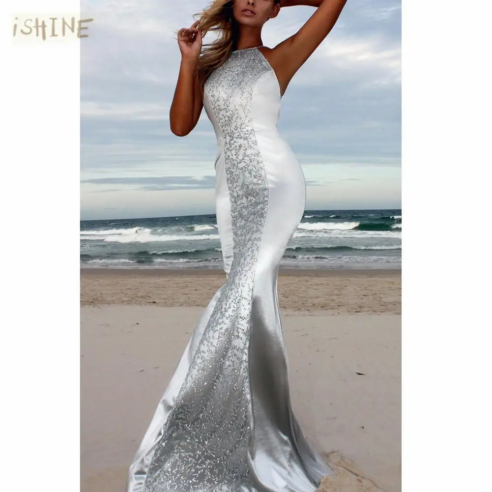 Серебряная платье европейский и американский Стиль Длинные Русалка Винтаж