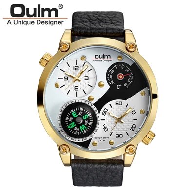 gold case white Брендовые новые мужские часы от ведущего бренда Oulm, мужские часы с кожаным ремешком, кварцевые часы с двумя часовыми поясами, мужские часы montre homme - Цвет: gold case white