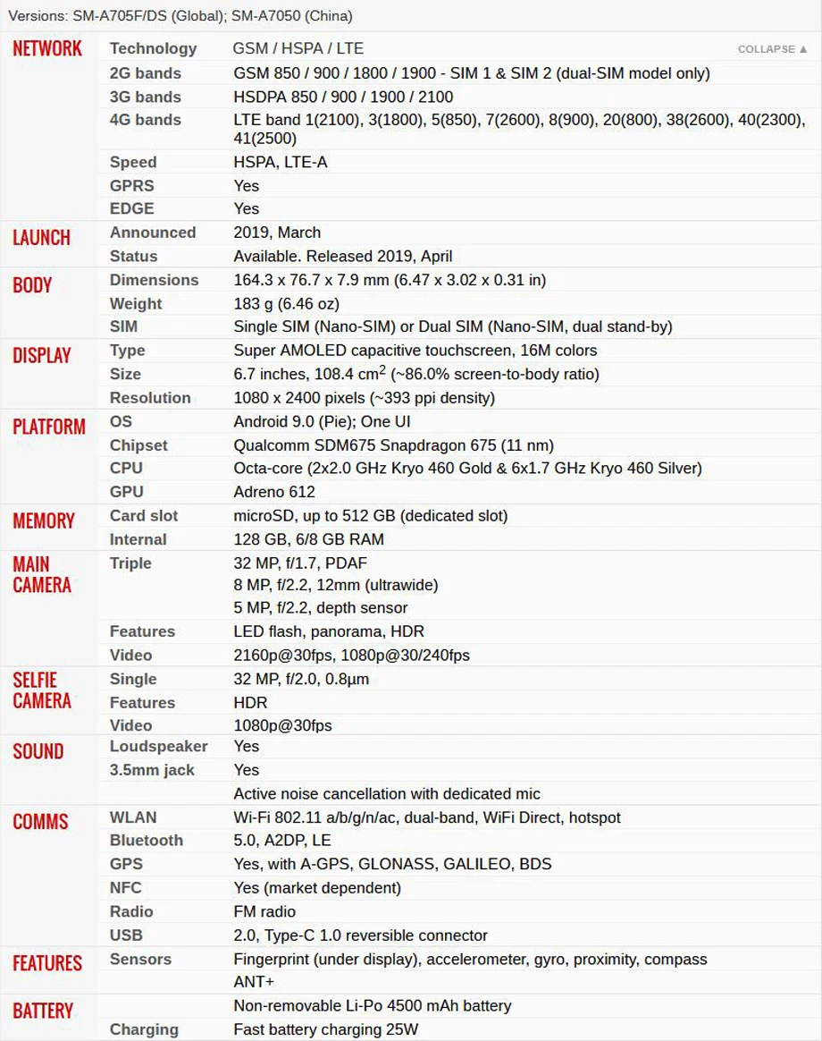 Samsung Galaxy A70 A7050, две sim-карты, четыре ядра, 6,7 дюймов, 4 камеры, 6 ГБ/8 ГБ ram, 128 ГБ rom, мобильный телефон Snapdragon 675, NFC