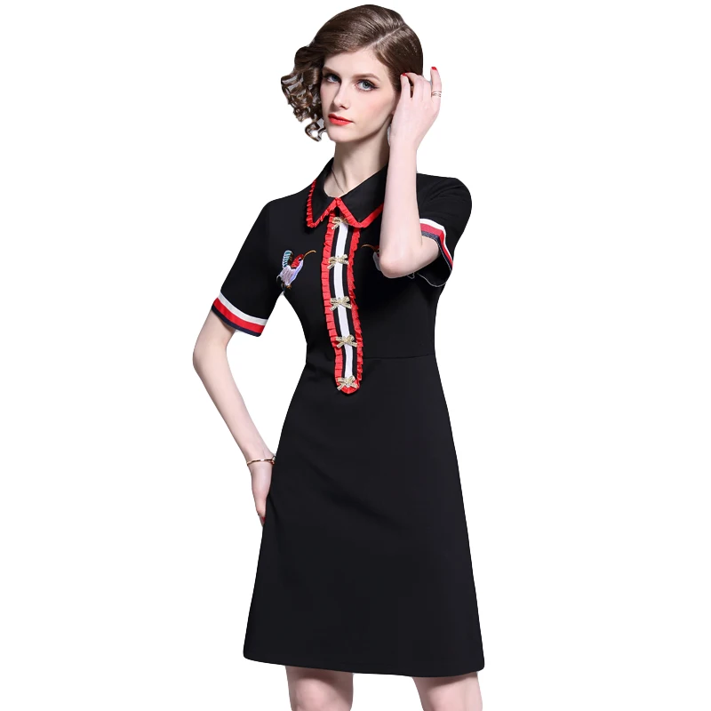 

2019 Spring / Summer New High-end Women's Turn-down Collar Short-sleeved Stitching Loose Slim Dress Fashion Women Party Dresses