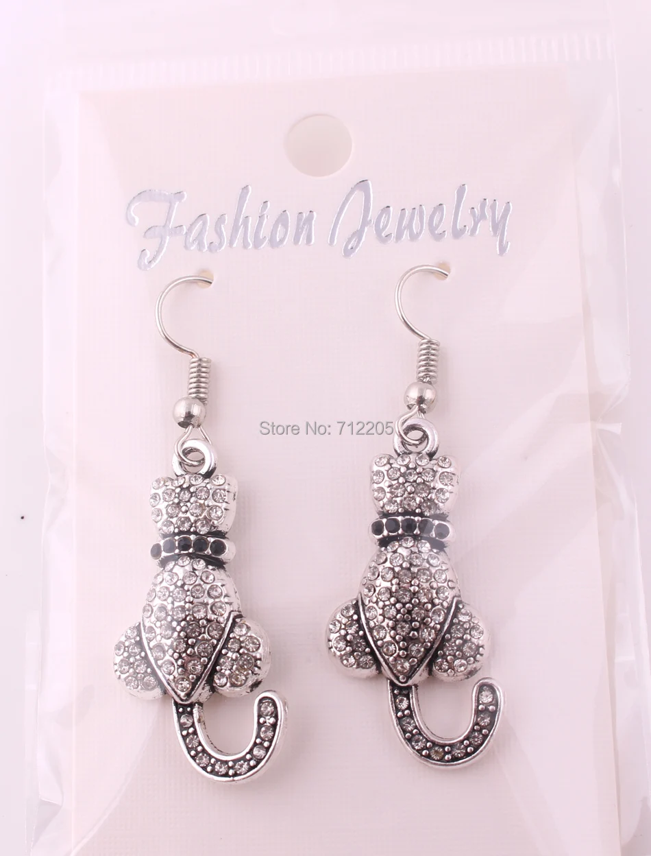 17mm*33mm Antique silver plated zinc studded with sparkling crystals Love Cat pendant Drop Earrings | Украшения и аксессуары