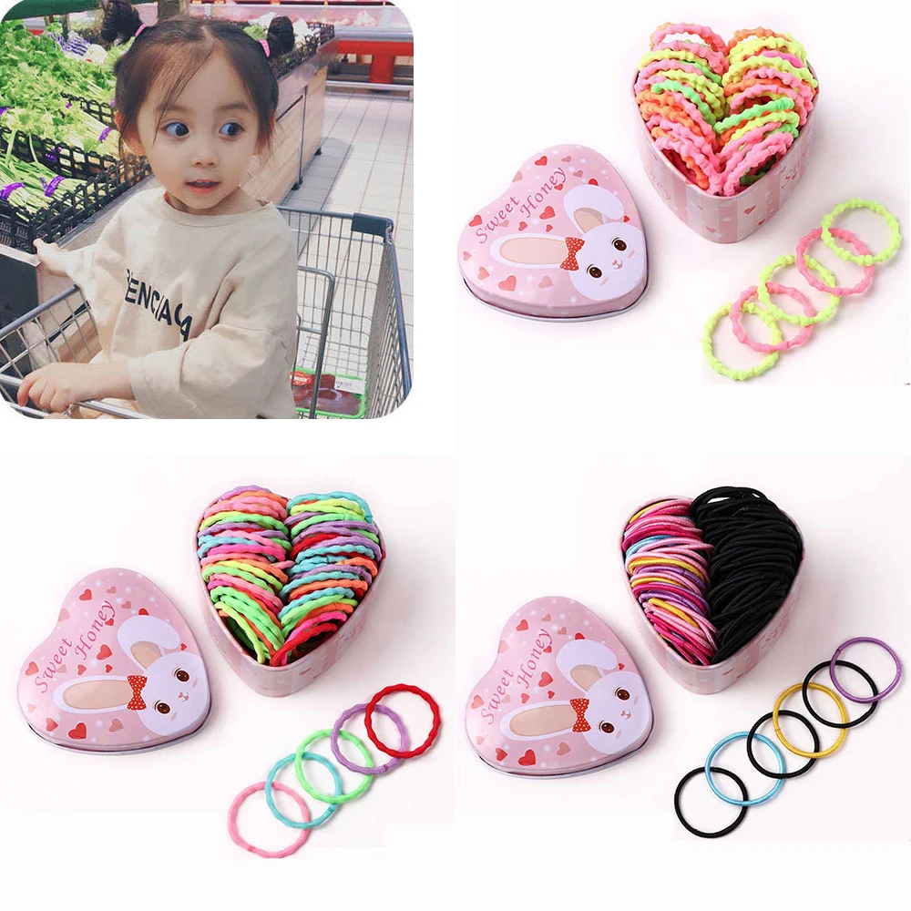50 шт./компл. красочные эластичные повязки для волос девочек с железной коробкой