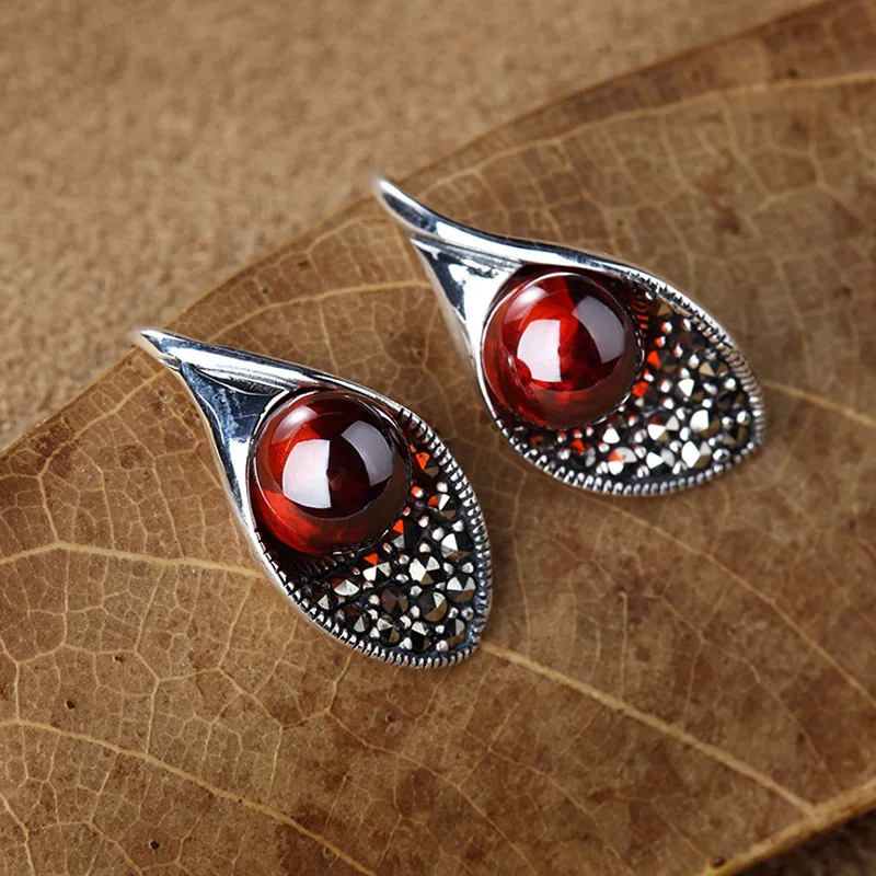 CLA Lily Red Garnet висячие серьги Винтажные Ювелирные изделия в виде листьев лотоса из