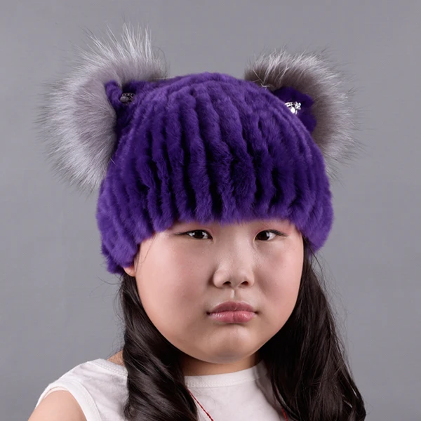 Трикотажные с мехом кролика шапка с натуральным мехом кошачьими ушками Hat Девушки шапочки с меха лисы Diamond дети ручной вязки головные уборы 42-52 см LQC1003 - Цвет: Blue