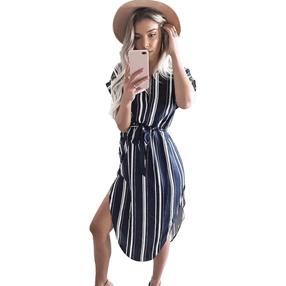 Нерегулярные Bodycon полосатый с поясом V шеи макси случайные короткий рукав