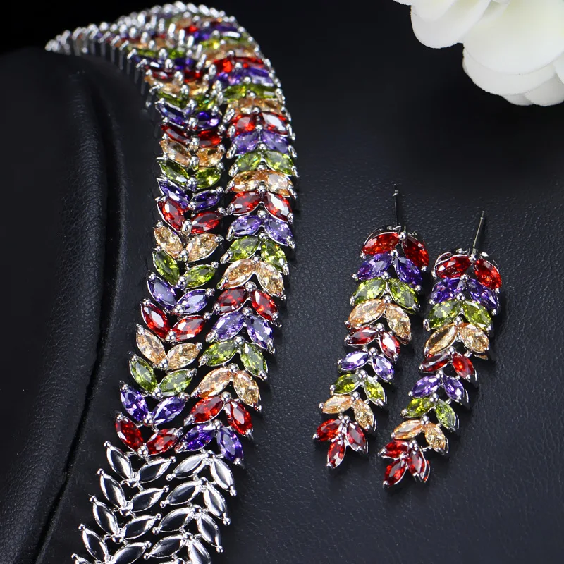 CWWZircons Marquise Cut красочные кубические камни циркония свадебный круглый чокер ожерелье серьги набор для женщин Свадебные ювелирные изделия T074
