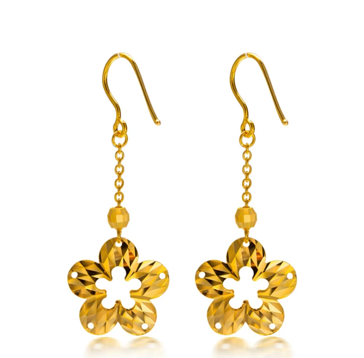 

New Solid 999 24K Yellow gold Earrings Flower Dangle Earrings 6.6g