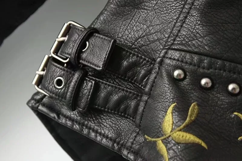 Women Floral Print Embroidery Faux Soft Leather Jacket Coat Turn-down Collar Casual Pu Motorcycle Black Punk Outerwear