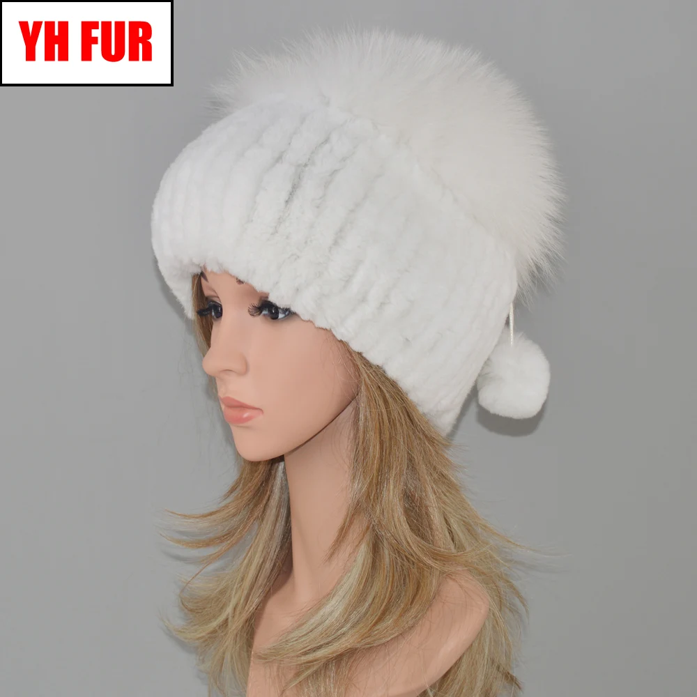 2020 новый натуральный шапка из меха кролика рекс Для женщин Зимняя теплая вязаная