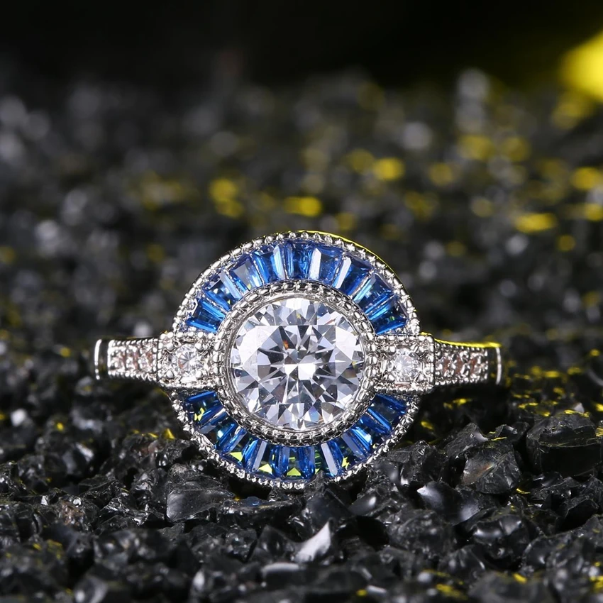 ZHE FAN AAA Luxury Blue Cubic Zirconia Vintage Ring Rhodium Plated Jewelry Rings For Women Wedding Party Christmas Day Gift New | Украшения