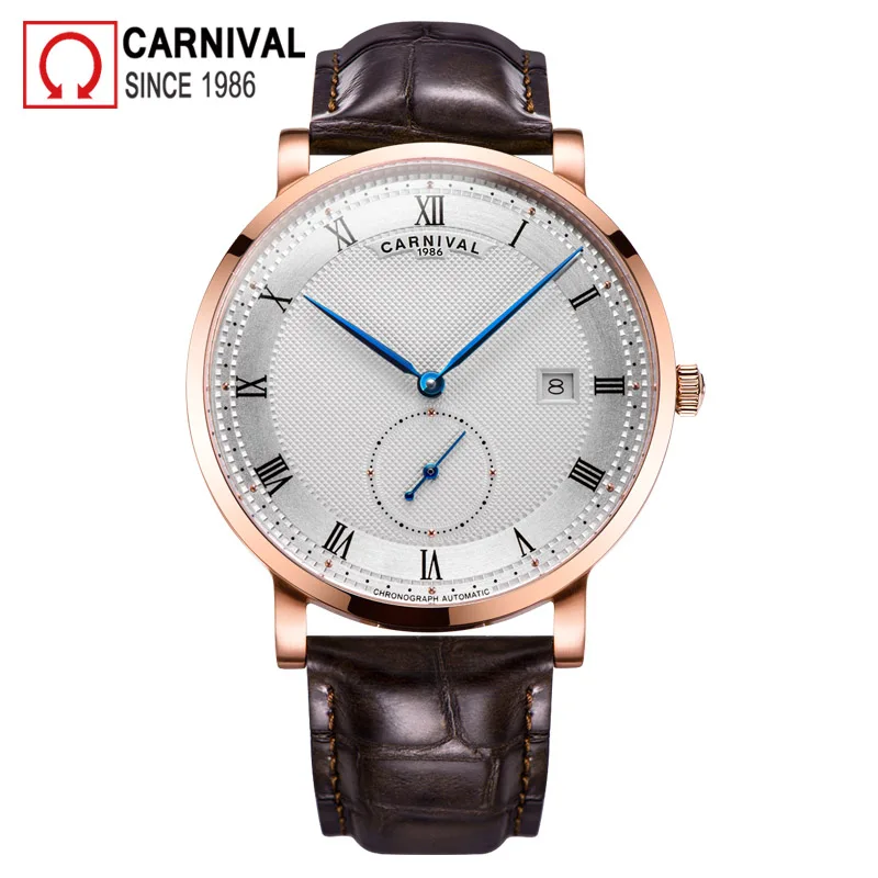 Карнавальные автоматические часы для мужчин Reloj Hombre с кожаным ремешком, механические часы в римском стиле, водонепроницаемые наручные часы с календарем