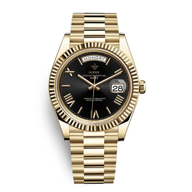 gold black Lgxige Лидирующий бренд часы Роскошные модные золотые часы с датой часы мужские водонепроницаемые часы деловые мужские geneva часы reloj hombre - Цвет: gold black